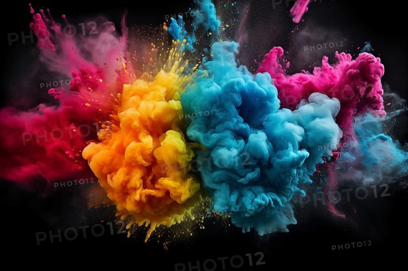 Holi background, vibrant and colorful powder smoke explosion on black background, AI generated