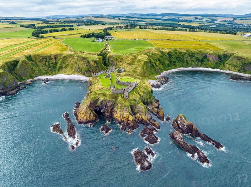 Aerial view of Dunnottar Castle ruins on the North Sea coast, Stonehaven, Aberdeenshire, Scotland, United Kingdom, Europe