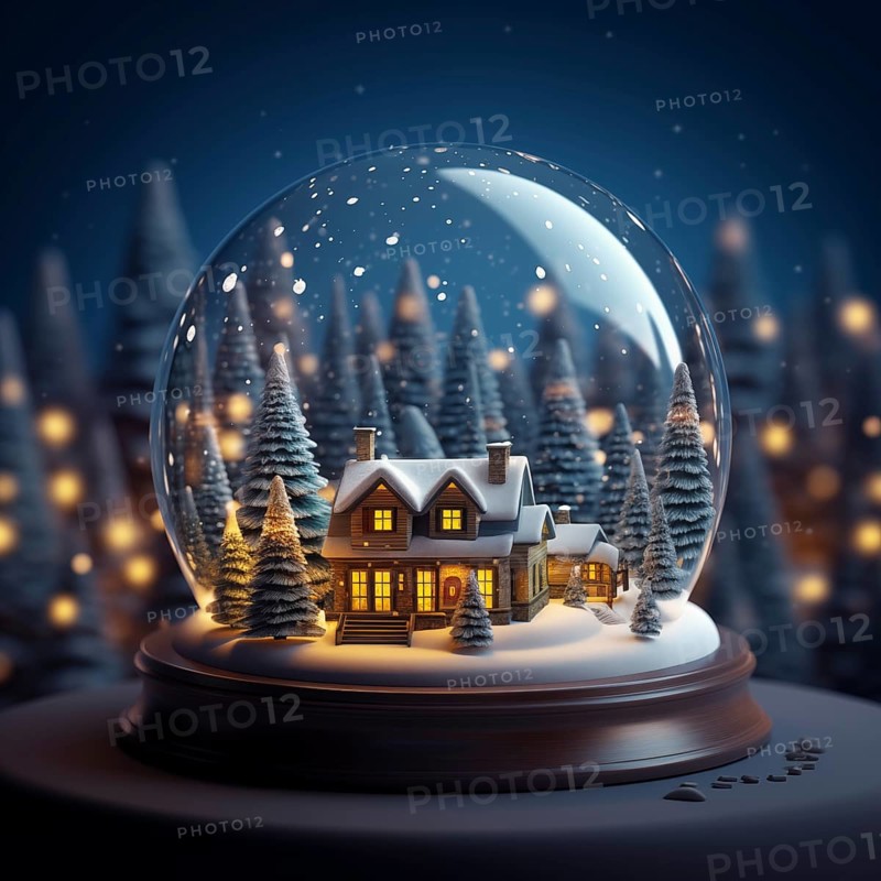 Winter Wonderland with house and trees in Glass Ball Snow Globe on table and blurred bokeh background, AI generated