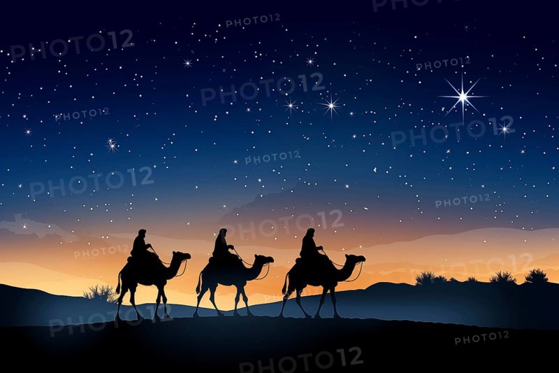 Christmas Jesus birth concept, Adoration of the Magi, Three Wise Men, Three Kings, and the Three biblical Magi with camel silhouettes journeying in sand dunes of desert follow Bethlehem star at night, AI generated