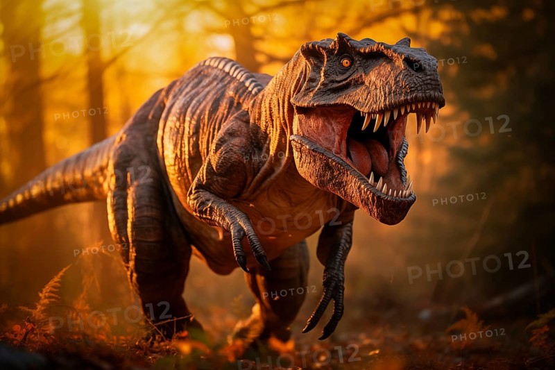 Tyrannosaur rex roaring in a prehistoric forest with lush vegetation, ferns and sunlight, AI generated