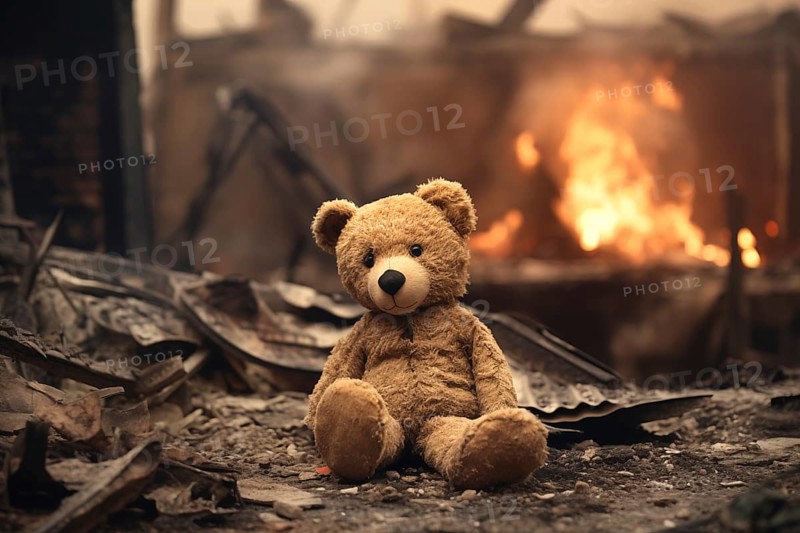 A poignant concept image depicting the tragic impact of war on children. A sad teddy bear toy sits amid the ruins of a house destroyed by conflict, symbolizing the loss and despair caused by war, AI generated