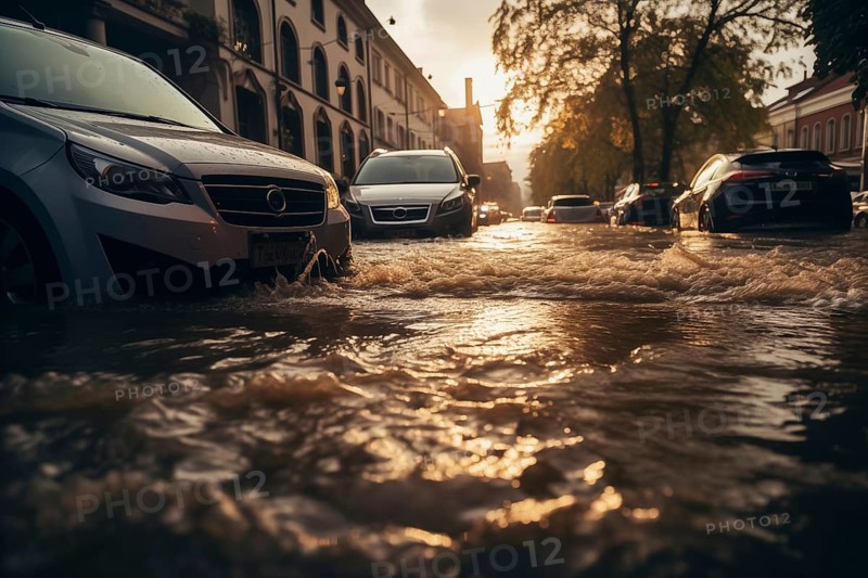 Climate change disaster flood catastrophe concept background, cars in flooded street of European city town, AI generated