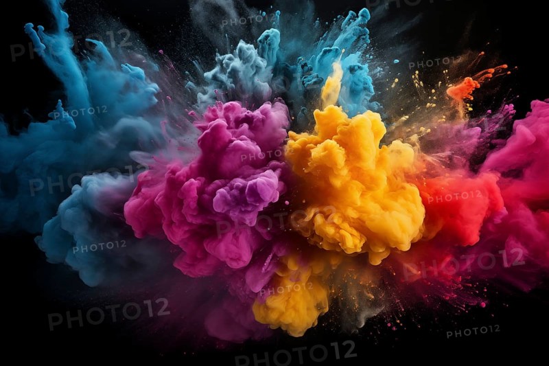 Holi background, vibrant and colorful powder smoke explosion on black background, AI generated
