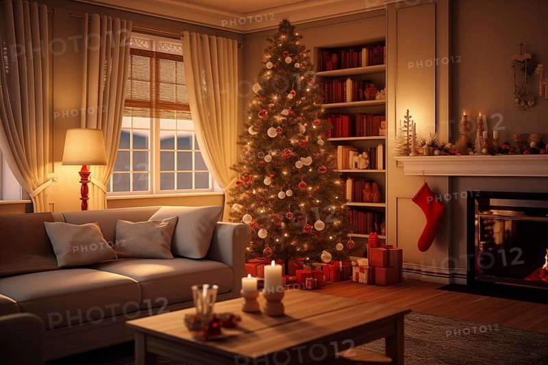 A cozy interior living room decorated for Christmas with a Christmas tree with presents gift boxes. The image captures the warm and inviting atmosphere of the holiday season, AI generated