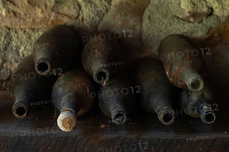 Old empty wine bottles standing abandoned on a shelf. Bas-Rhin, Collectivite europeenne d'Alsace, Grand Est, France, Europe