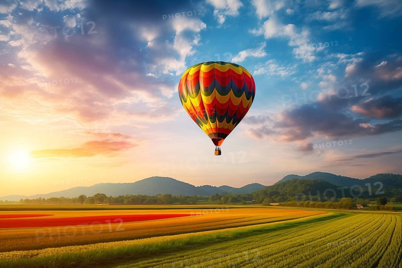 A colorful hot air balloon floats in sky over a blooming field meadow of flowers landscape at sunset with orange and blue skies in the background. Travel journey adventure beauty of nature concept, AI generated
