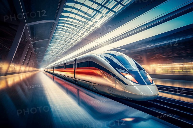 Modern high speed train in a futuristic train station. Modern transportation technology, speed, travel concepts. Railroad with motion blur effect, AI generated