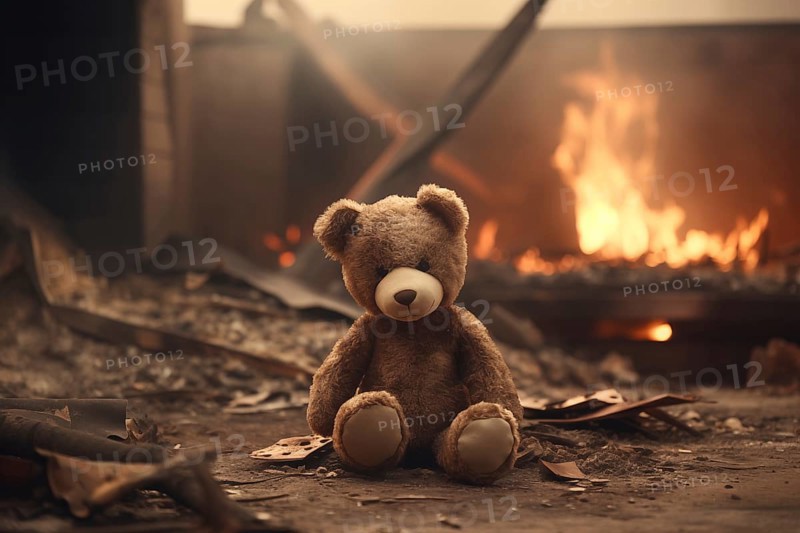 A poignant concept image depicting the tragic impact of war on children. A sad teddy bear toy sits amid the ruins of a house destroyed by conflict, symbolizing the loss and despair caused by war, AI generated