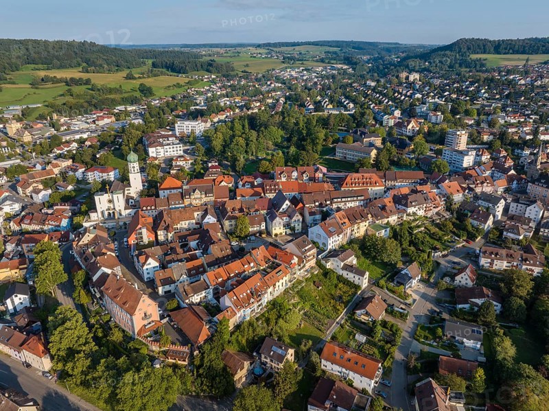 Aerial view of the town of Stockach with the church of St. Oswald in the upper town, historic town centre, Hegau, Constance district, Baden-Württemberg, Germany, Europe