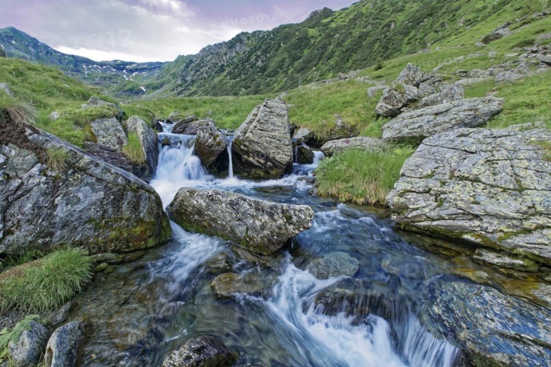 Rocky landscape at the upper course of the Balea stream in the Fagaras Mountains, Transylvanian Alps, in the mountain range of the Southern Carpathians. Sibiu, Transylvania, Romania, Southeast Europe, Europe
