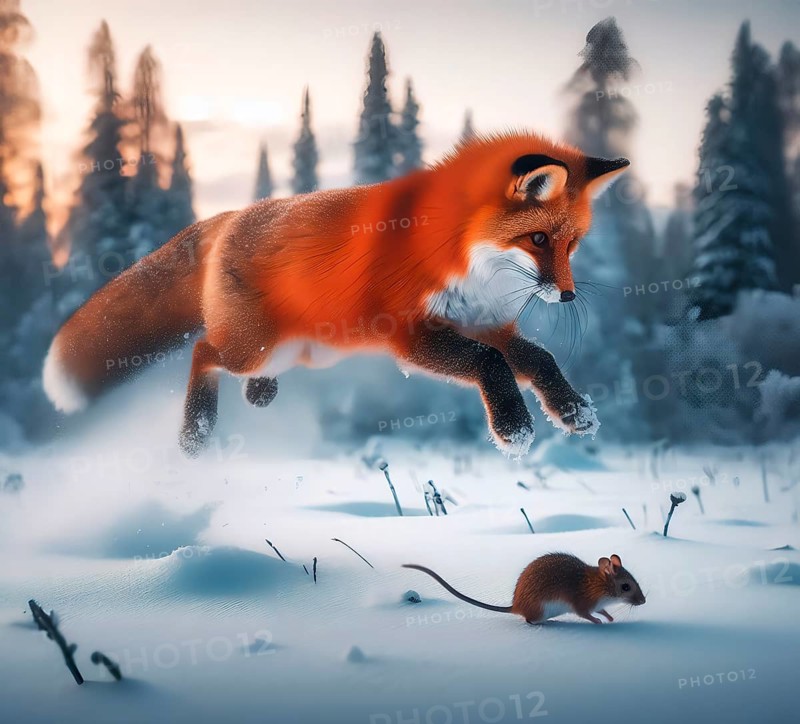 A red fox in winter fur jumping in pursuit of a mouse in the snow in a winter landscape, AI generated, AI generated