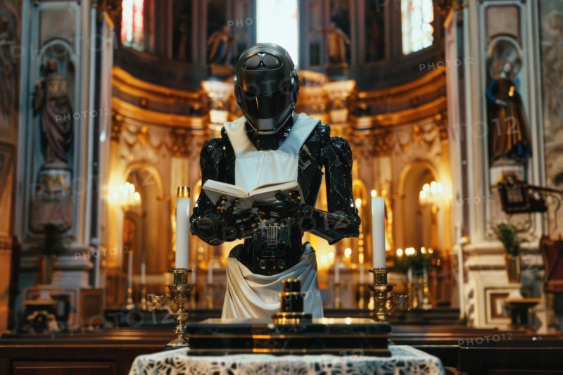 Humanoid with female attributes preaches on behalf of a human priest, female priest, at an altar in a church, vision of the future, science fiction, AI generated, AI generated, AI generated