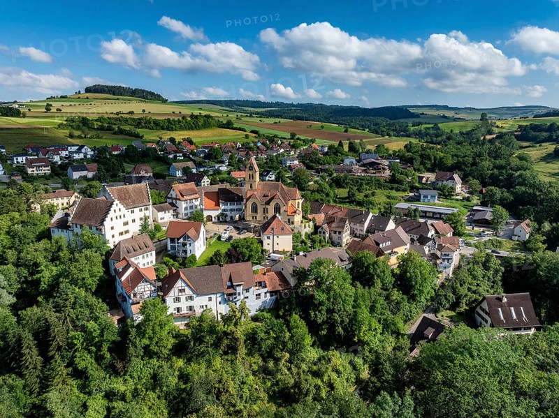 Aerial view of flower field, district of the southern Baden town of Tengen with flower field Castle and the parish church of St Michael, Hegau, district of Constance, Baden-Württemberg, Germany, Europe