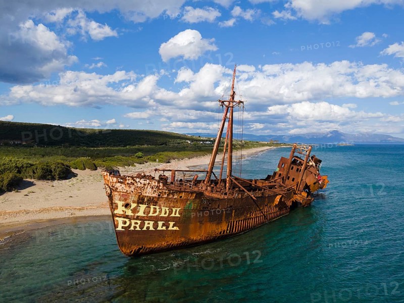 Drone shot, Dimitrios shipwreck, Glyfada beach, Selinitsa, Gythio, Githio, Gythion, Mani, Lakonia, Peloponnese, Greece, Europe
