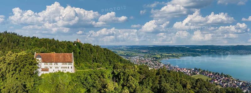 Aerial panorama of Lake Constance with Frauenberg Castle, also known as Frauenberg Castle, behind it the ruins of Altbodman, Bodman-Ludwigshafen, Constance County, Baden-Württemberg, Germany, Europe
