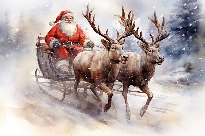 A watercolor drawing illustration of Santa Claus sleigh ride with reindeer, in the style of children s book illustration. The image captures the magic and whimsy of Christmas, AI generated