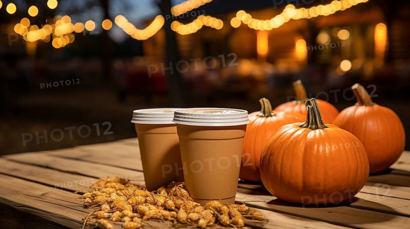 Cups of hot apple cider, hot chocolate or coffee at an outdoor fall decorated party, AI generated