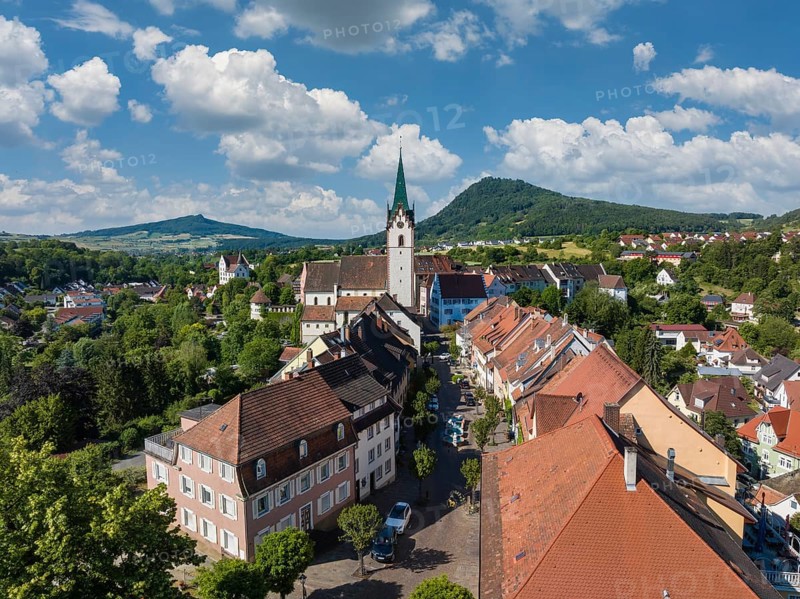 Aerial view of the old town of Engen, on the horizon the Hegauberge Hohenhewen and Hohenstoffeln, Konstanz district, Baden-Württemberg, Germany, Europe