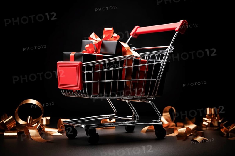 A black Friday Sale concept, black present boxes with red ribbons in shopping cart on a black background, AI generated
