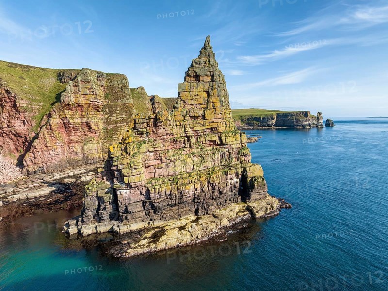 Aerial view of the rugged coastal landscape with the Duncansby Stacks, Duncansby Head coast, County Caithness, Scotland, United Kingdom, Europe