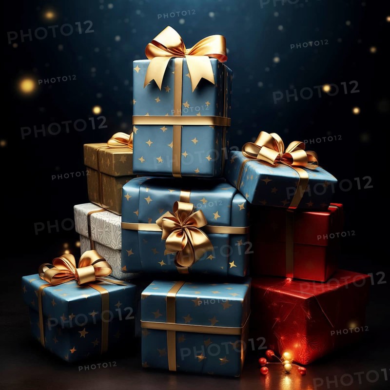 A pile of Christmas presents gift boxes. The image captures the festive merry and joyful spirit of the holiday season, AI generated
