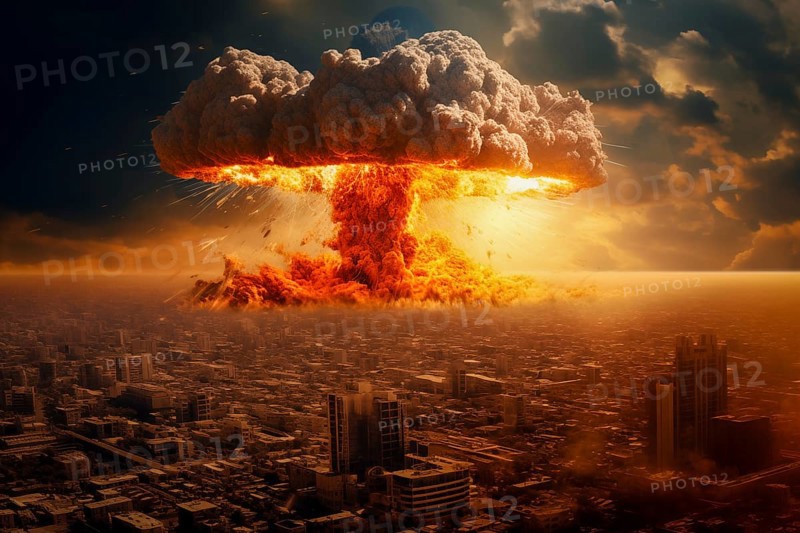 Nuclear blast and mushroom cloud in a city skyline. The explosion is destroying buildings and causing chaos and destruction. Apocalyptic mood. Devastation of war or the aftermath of a disaster, AI generated