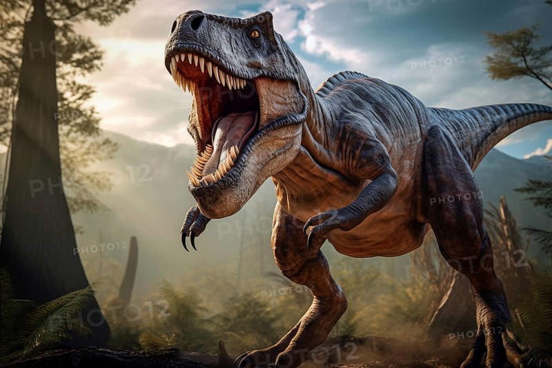 Tyrannosaur rex roaring in a prehistoric forest with lush vegetation, ferns and sunlight, AI generated