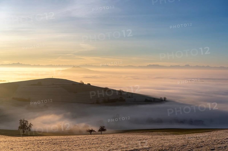 View from the old post road near Leipferdingen into the wintry and fog-covered Hegaulandschaft shortly after sunrise, on the horizon the Hohenstoffeln and the Alpine chain, district of Constance, Baden-Württemberg, Germany, Europe
