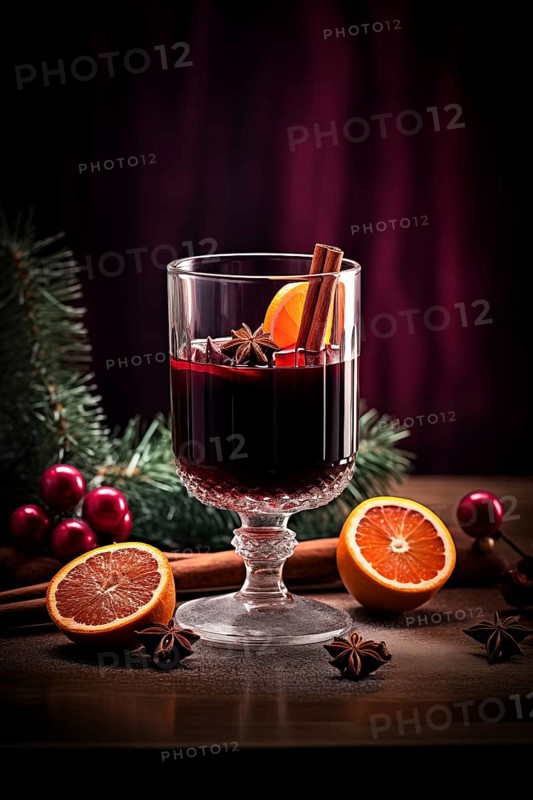 Glass of traditional mulled wine with orange and cranberry garnishes on a cozy Christmas table. The background is blurred with bokeh lights and candles, creating a warm and festive atmosphere, AI generated