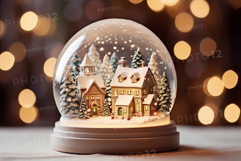 Winter Wonderland with house and trees in Glass Ball Snow Globe on table and blurred bokeh background, AI generated