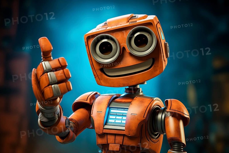 Orange robot showing a thumbs up gesture. The friendly robot has big round eyes and a friendly smile. Concept of artificial intelligence technology approval agreement, success, friendliness, AI generated