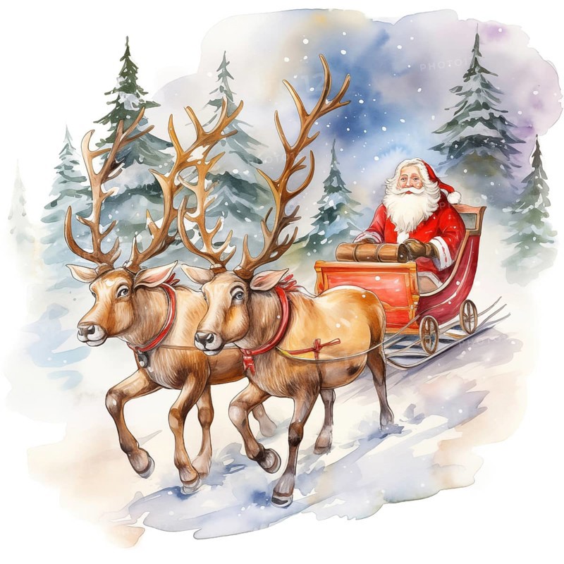 A watercolor drawing illustration of Santa Claus sleigh ride with reindeer, in the style of children s book illustration. The image captures the magic and whimsy of Christmas, AI generated