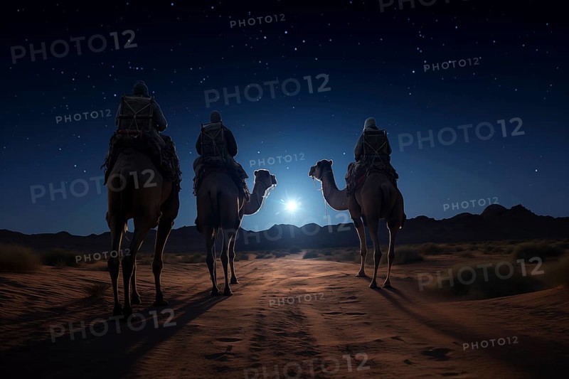 Christmas Jesus birth concept, Adoration of the Magi, Three Wise Men, Three Kings, and the Three biblical Magi with camel silhouettes journeying in sand dunes of desert follow Bethlehem star at night, AI generated