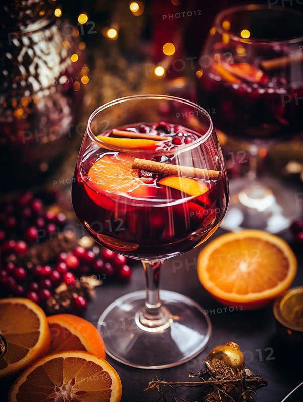 Glass of traditional mulled wine with orange and cranberry garnishes on a cozy Christmas table. The background is blurred with bokeh lights and candles, creating a warm and festive atmosphere, AI generated