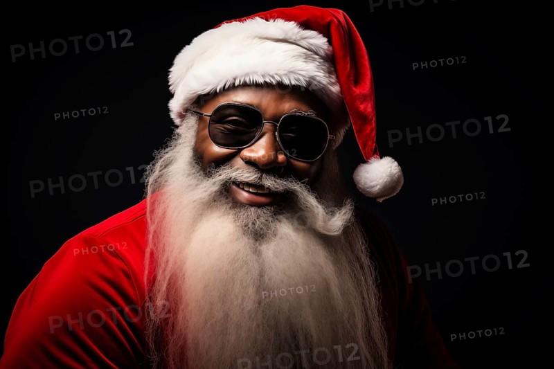 Modern black Santa Claus in Santa hat with sunglasses and long white beard, smiling while looking at camera against a dark background. Festive and cheerful spirit of the holiday season, AI generated