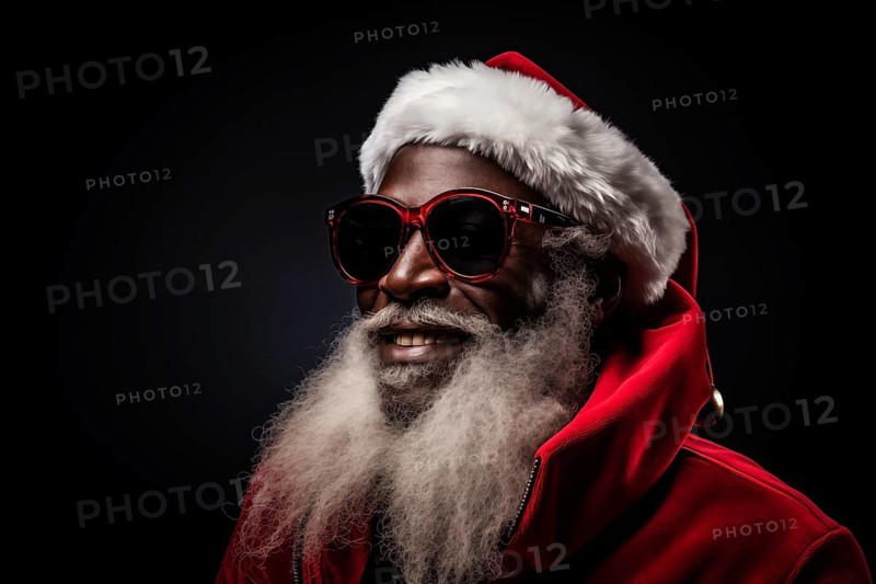 A modern black Santa Claus in Santa hat with sunglasses and a long white beard, smiling looking at camera against a dark background, AI generated