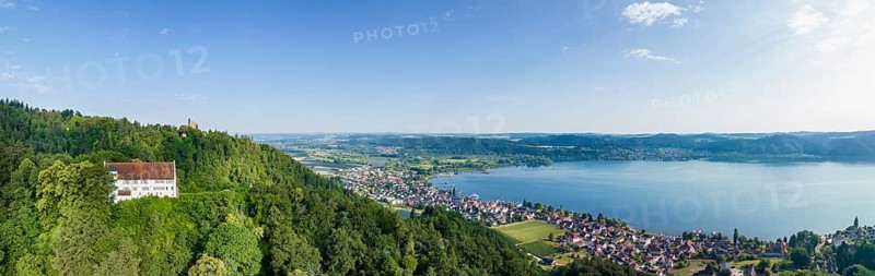 Aerial panorama of Lake Constance with Frauenberg Castle, also known as Frauenberg Castle, behind it the ruins of Altbodman, Bodman-Ludwigshafen, Constance County, Baden-Württemberg, Germany, Europe