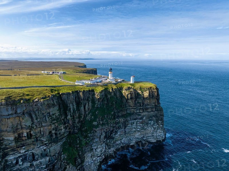 Aerial view of Dunnet Head with the lighthouse, the northernmost point of the British main island, County Caithness, Scotland, Great Britain