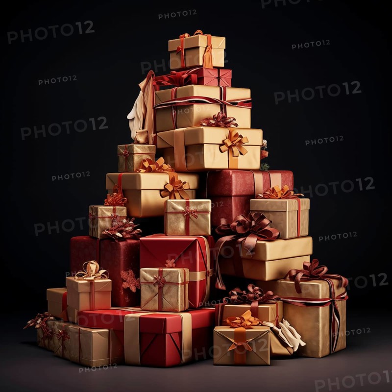 A pile of Christmas presents gift boxes. The image captures the festive merry and joyful spirit of the holiday season, AI generated