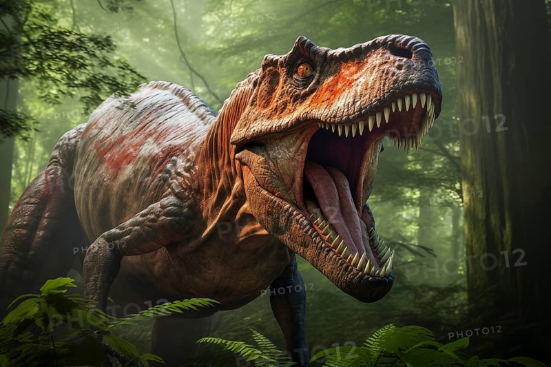 Tyrannosaur rex roaring in a prehistoric forest with lush vegetation, ferns and sunlight, AI generated