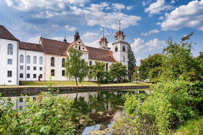 The monastery church of St. Mary with the former Benedictine abbey on the Rhine island of Rheinau, Andelfingen, Canton Zurich, Switzerland, Europe