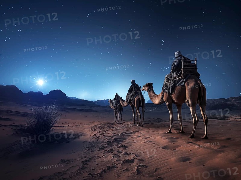 Christmas Jesus birth concept, Adoration of the Magi, Three Wise Men, Three Kings, and the Three biblical Magi with camel silhouettes journeying in sand dunes of desert follow Bethlehem star at night, AI generated