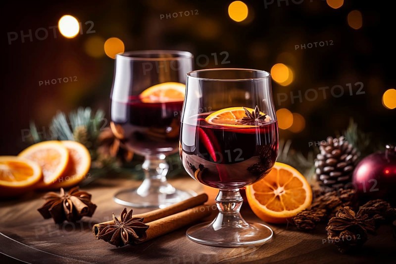 Two glasses of traditional mulled wine with orange and cranberry garnishes on a cozy Christmas table. The background is blurred with bokeh lights and candles, creating a warm and festive atmosphere, AI generated
