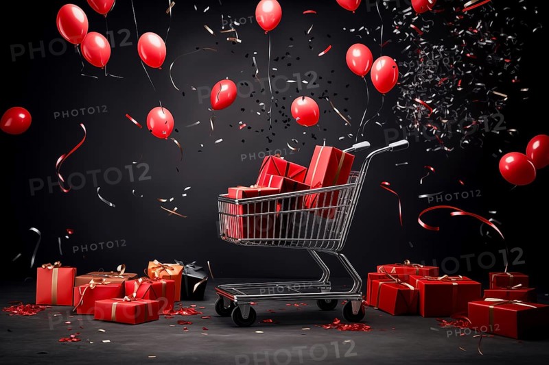 A black Friday Sale concept, black present boxes with red ribbons in shopping cart on a black background, AI generated