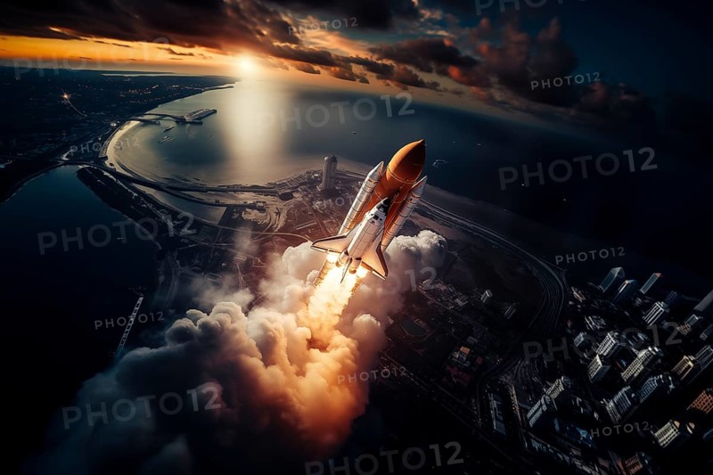 Aerial view of a rocket shuttle carrier launch at sunrise over an ocean coast. The rocket is blasting off with a trail of smoke and flames behind it, AI generated