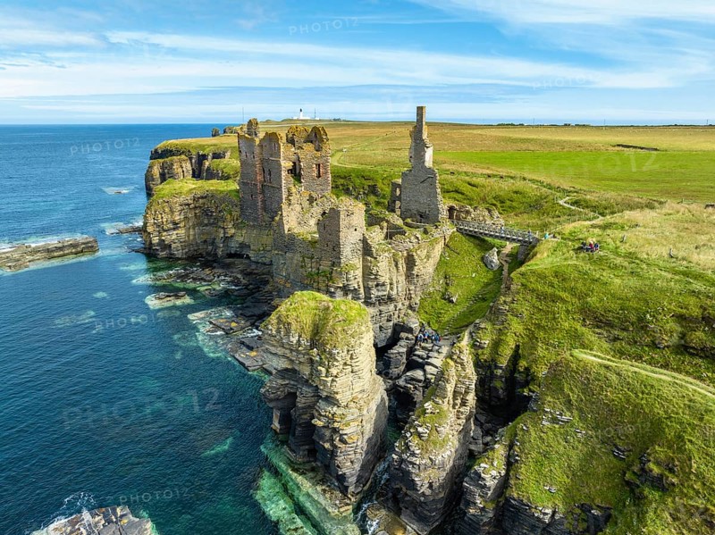 Aerial view of Girnigoe and Sinclair Castle ruins, rock castle on the North Sea coast, Wick, County Caithness, Scotland, United Kingdom, Europe