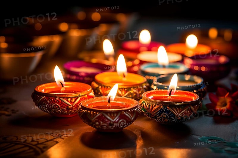 Diwali indian festival of lights background, burning diya lamps on a decorated table close up, AI generated