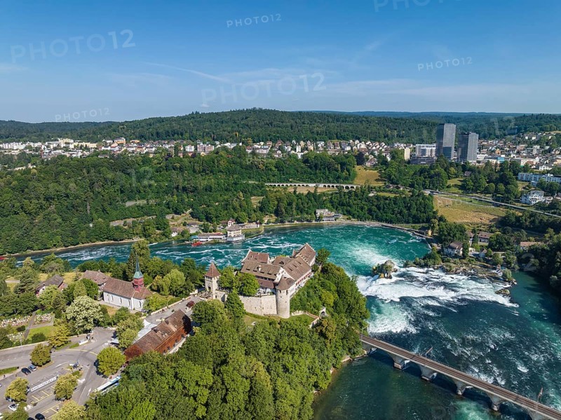 Aerial view of the Rhine Falls with Laufen Castle, Neuhausen, Canton Schaffhausen, Switzerland, Europe