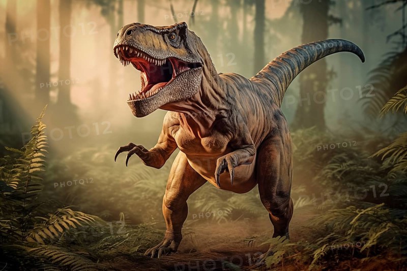 Tyrannosaur rex roaring in a prehistoric forest with lush vegetation, ferns and sunlight, AI generated